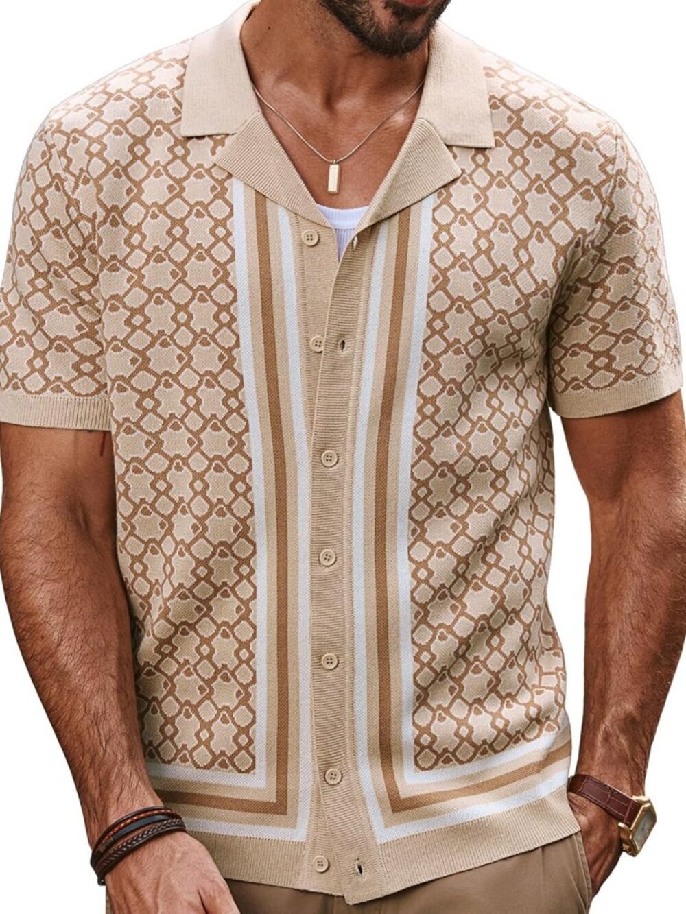 Men's Beige Vintage Cuban Collar Knit Polo Shirt Button Down Shirt